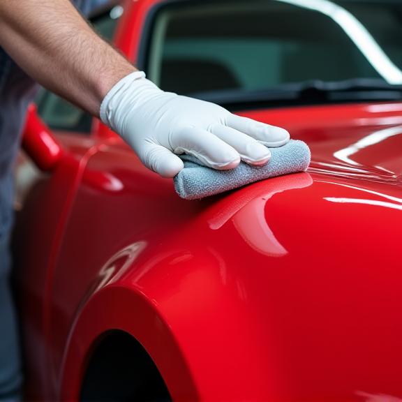 Un detailer di Porto Auto che applica con cura la cera sulla carrozzeria di un'auto sportiva rossa.