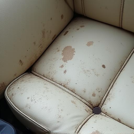 Interni in pelle chiara sporchi e macchiati di un'auto, con segni di usura.