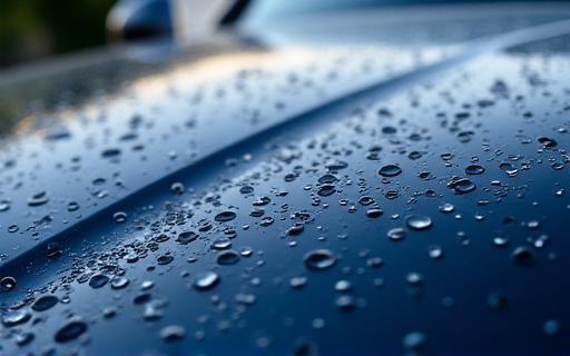 Dettaglio di gocce d'acqua che scivolano via da un cofano trattato con rivestimento ceramico.